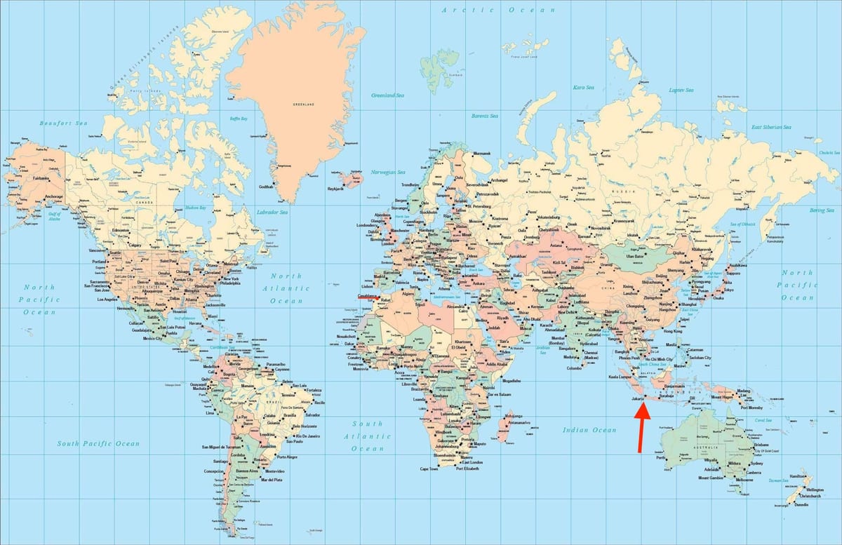 雅加达在世界地图上的位置